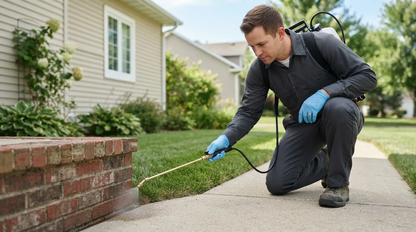 Pest control technician treating a home near Lancaster, KS